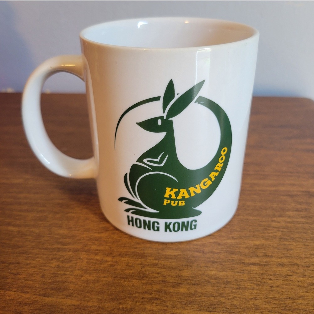 Vintage Kangaroo Pub Hong Kong Branded Ceramic Coffee Mug White Green Souvenir